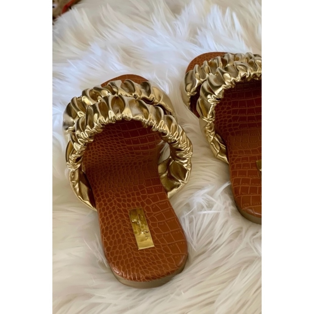 Qupid Gold Ruched Slip On Sandals | Metallic Scrunch Flat Slides - Picture 6 of 9